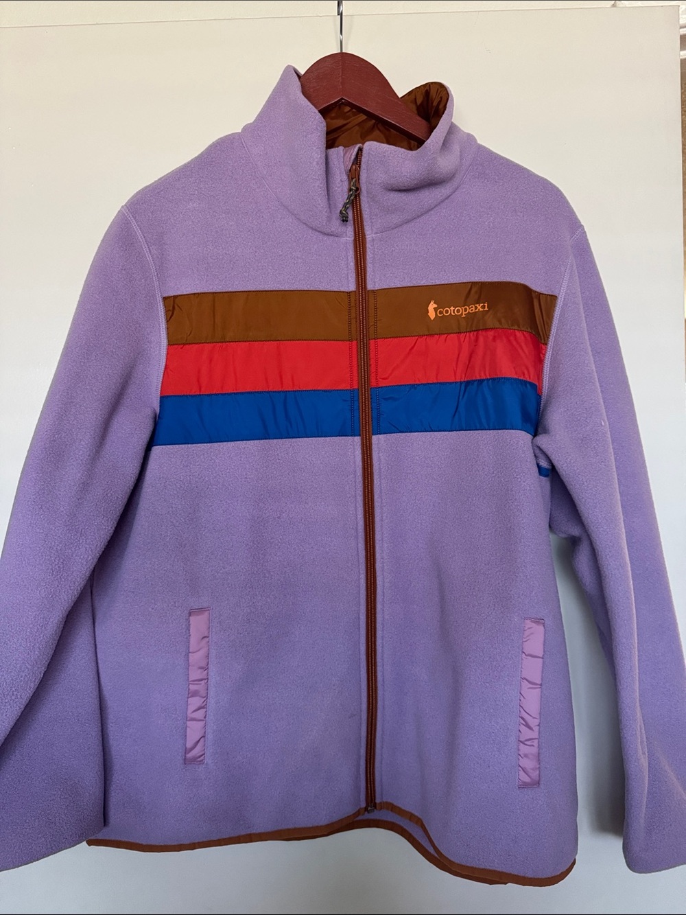cotopaxi Lavender Fleece Jacket with Brown, Red and Blue Chest Stripes